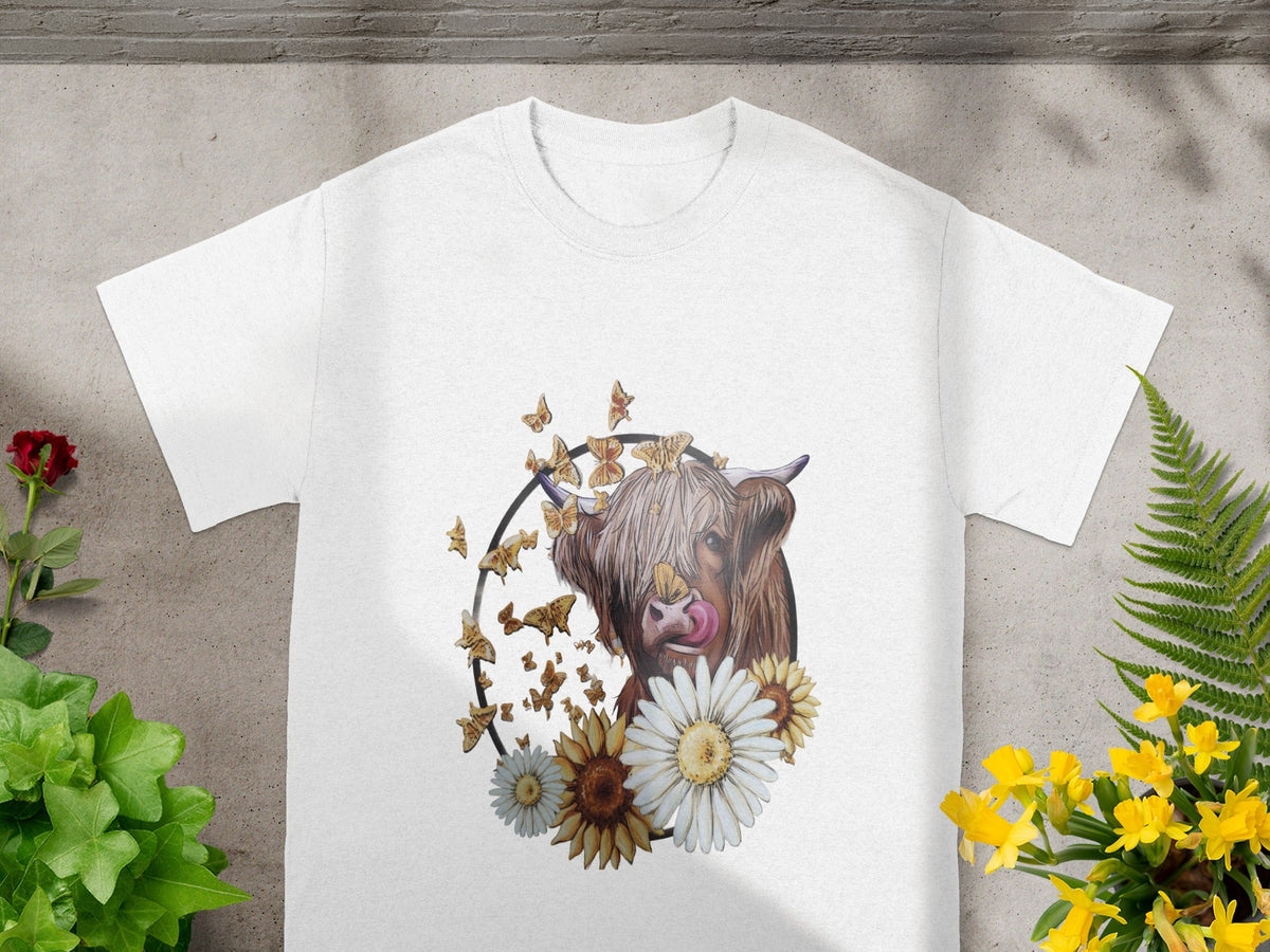 Highland Cow with Butterflies and Flowers T-Shirt