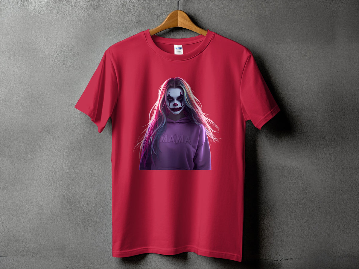 Red t-shirt with clown graphic and "MAMA" text on a purple hoodie.