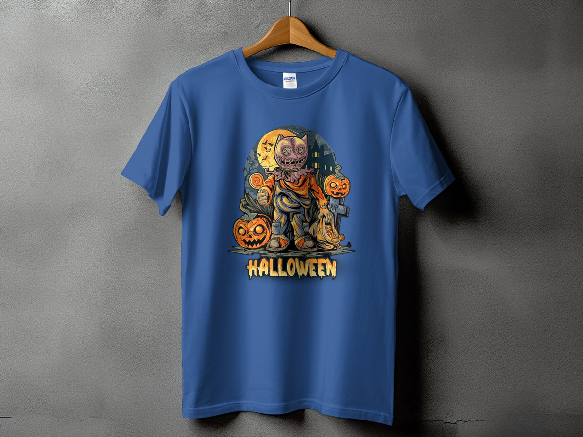 Blue t-shirt with a cartoon scarecrow, pumpkins, and the word "HALLOWEEN."