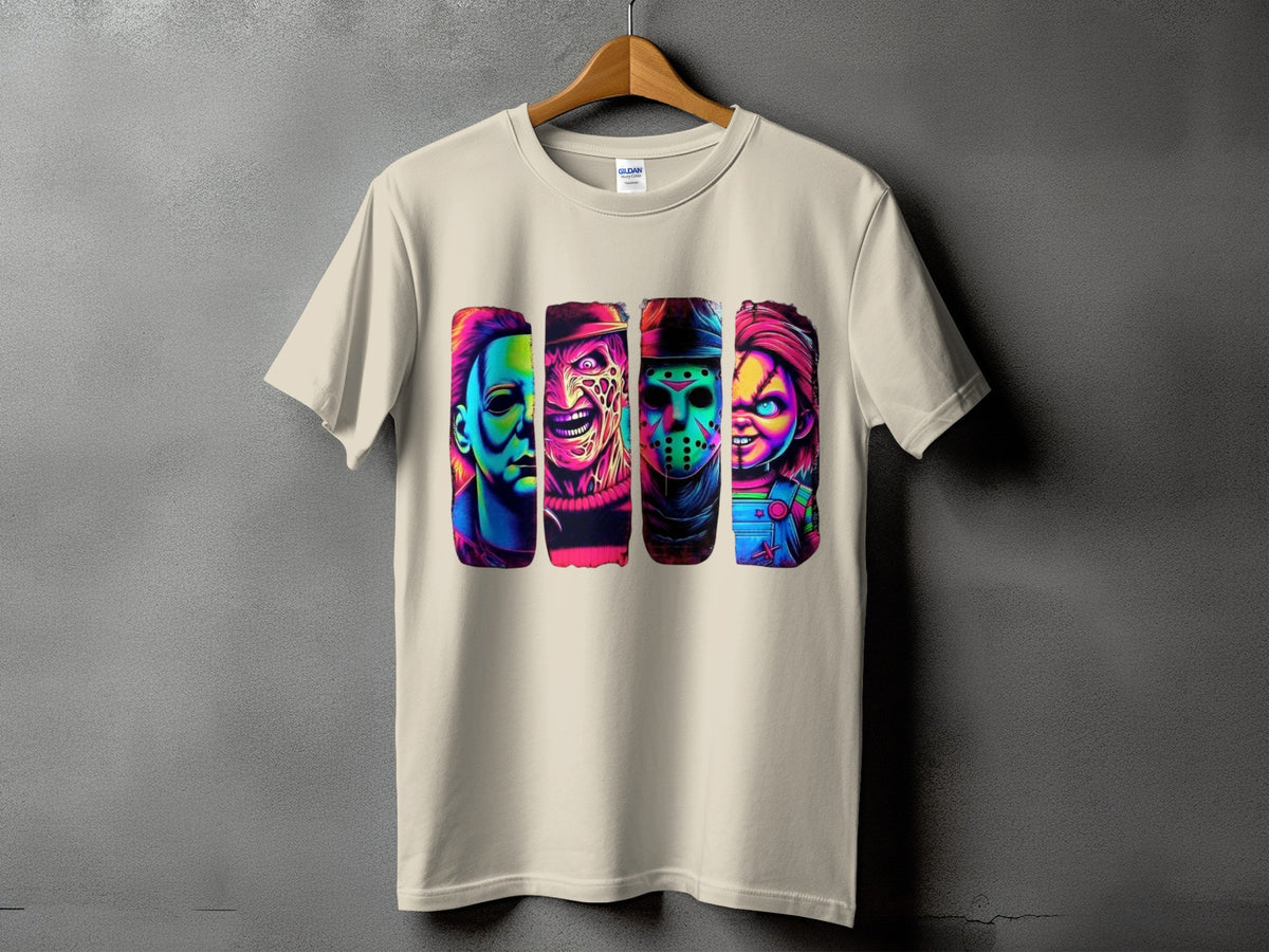Cream t-shirt with colorful horror movie villain portraits on the front.