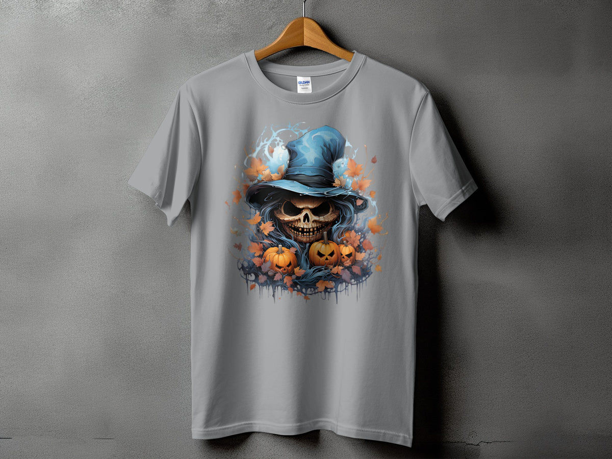 Gray t-shirt with a Halloween skull, pumpkins, and autumn leaves graphic.
