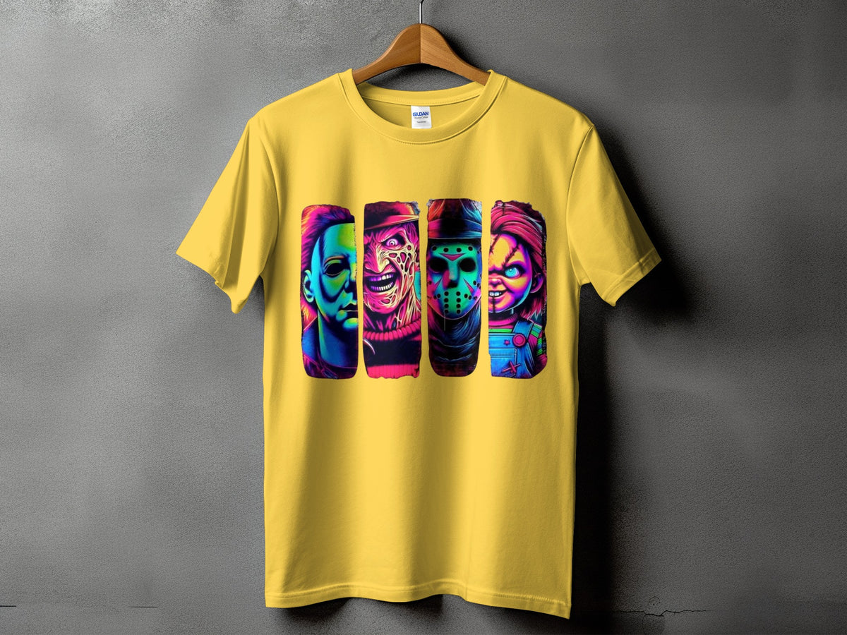Yellow t-shirt with colorful, stylized horror movie characters printed on the front.