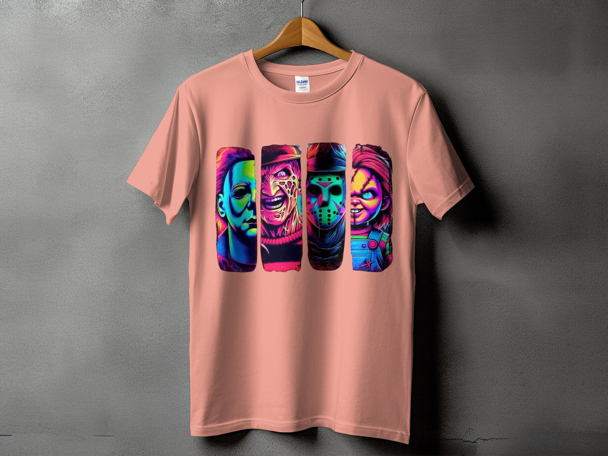 Peach t-shirt with neon horror villains graphic.