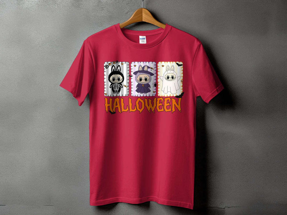 Red t-shirt with three Halloween characters and the word "HALLOWEEN".
