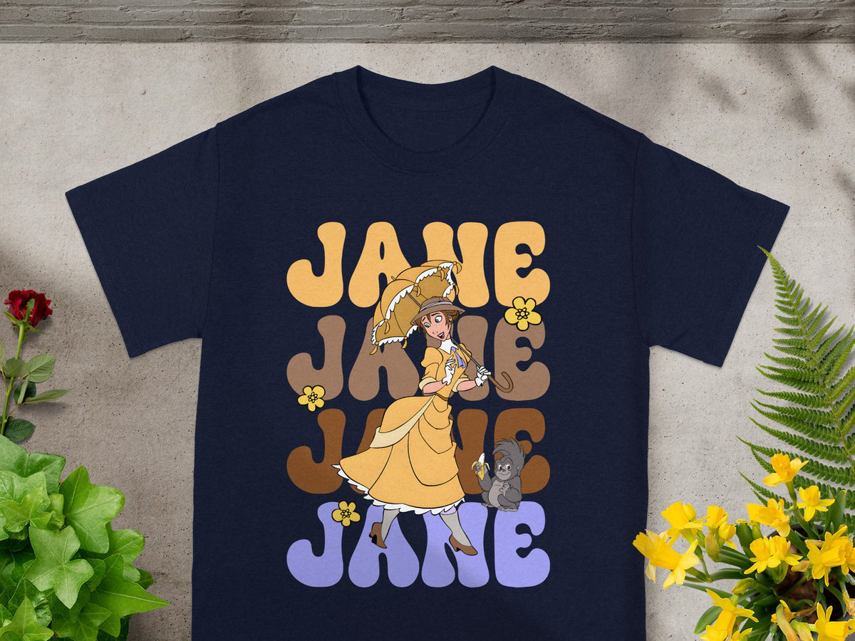 Navy t-shirt with "Jane" repeated in retro font, featuring a woman with umbrella.