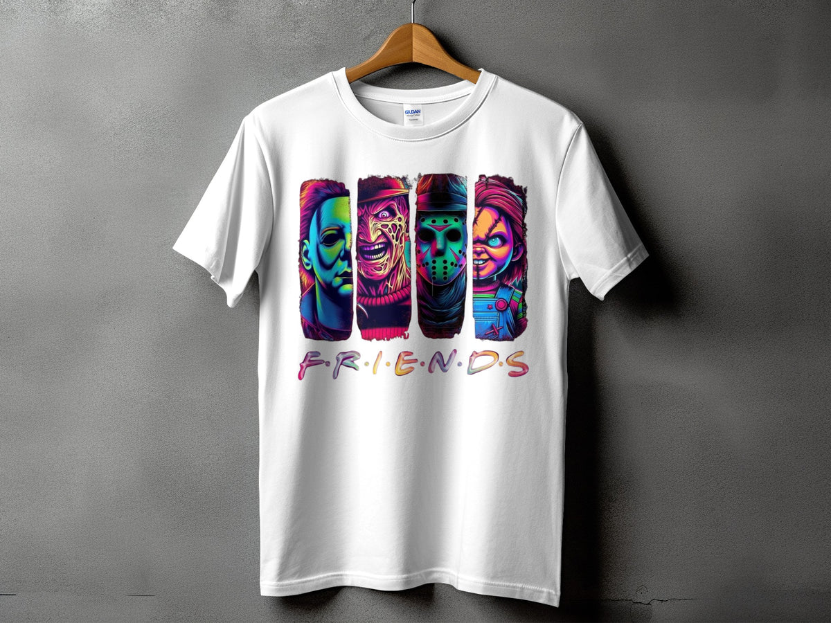 White t-shirt with four horror characters and "Friends" logo.