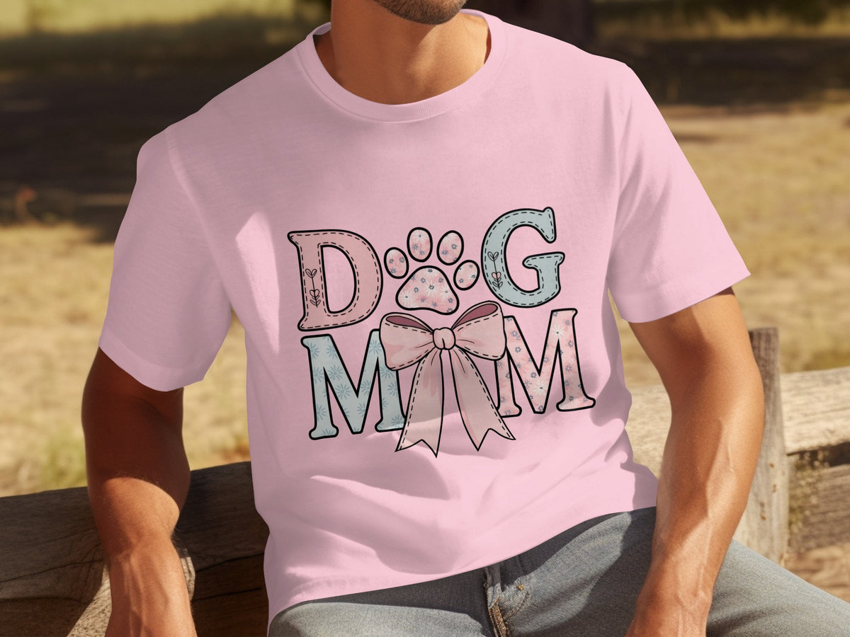 Dog Mom Shirt with Paw Print and Bow Design