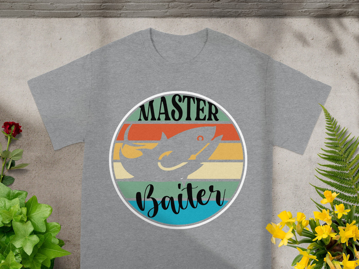 Grey t-shirt with circular "MASTER Baiter" fishing graphic and retro sunset stripes.