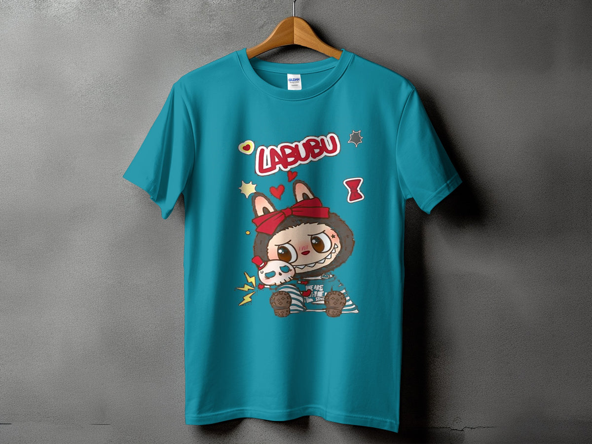 Teal t-shirt with cartoon character Labubu and a skull graphic.