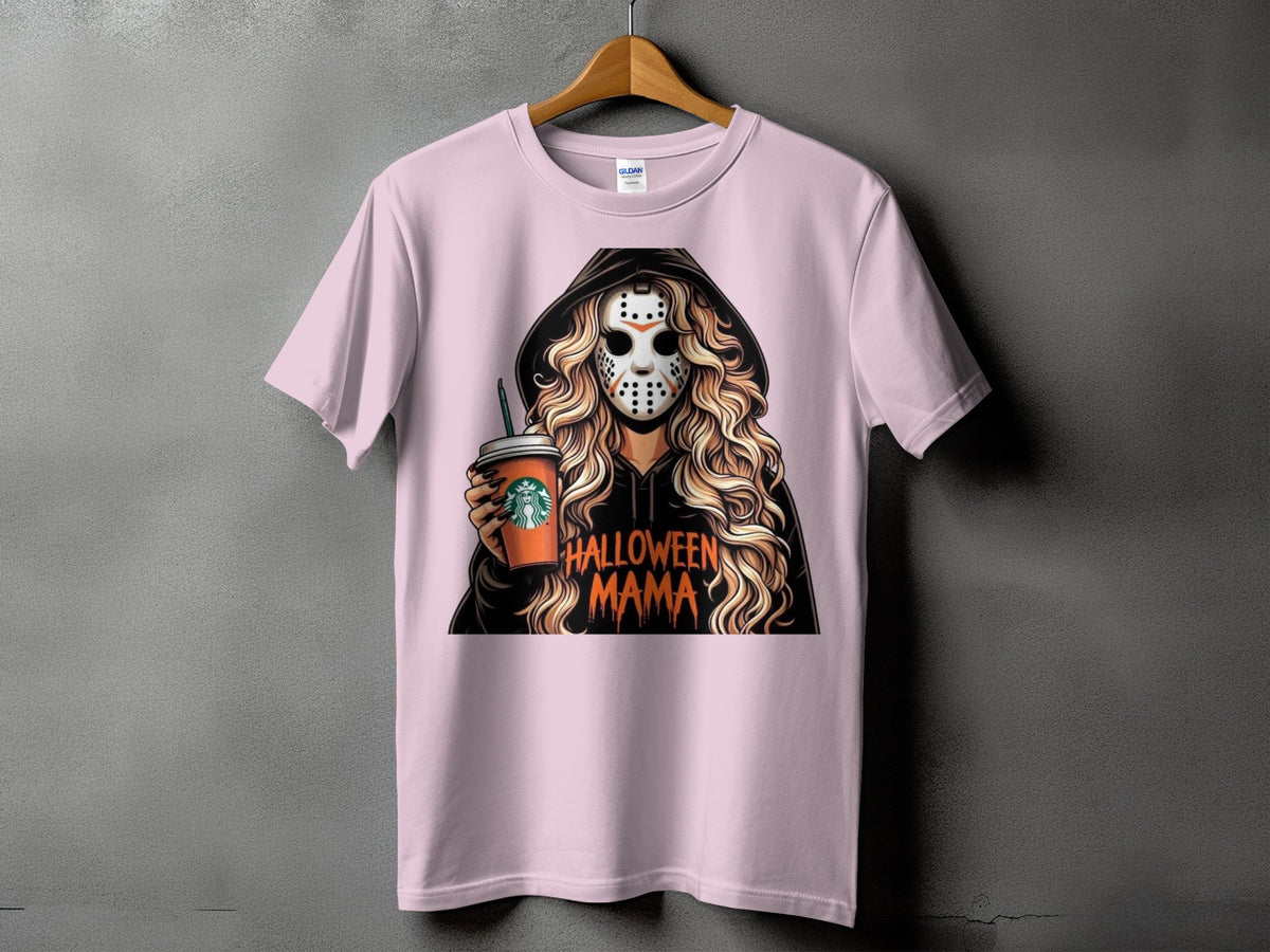 Pink t-shirt with graphic of woman in hockey mask holding coffee cup, text Halloween Mama.