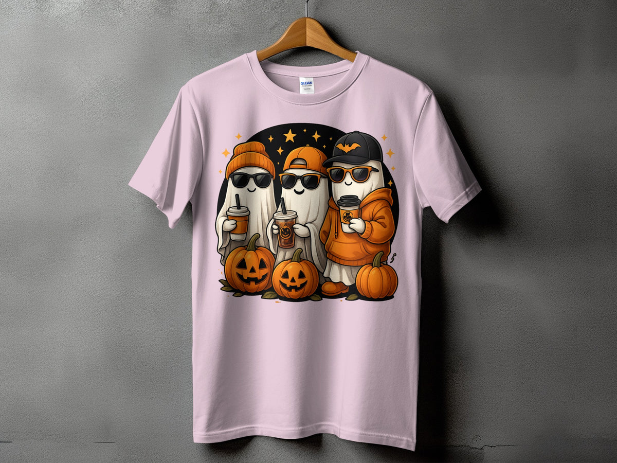 Three cute ghosts holding coffee cups and wearing Halloween accessories with pumpkins.