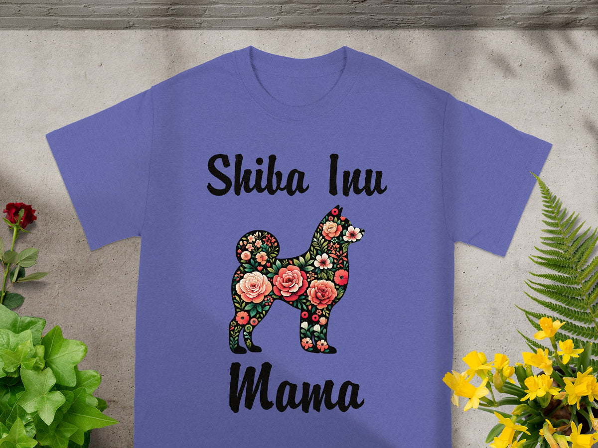 Purple t-shirt with floral Shiba Inu silhouette and "Shiba Inu Mama" text.