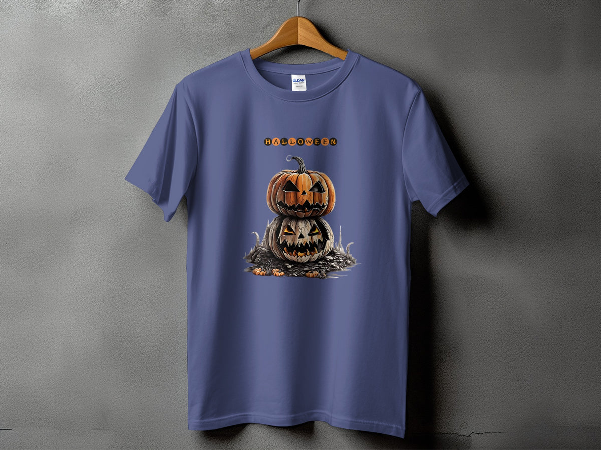 Purple t-shirt featuring stacked jack-o'-lanterns and the word "HALLOWEEN".
