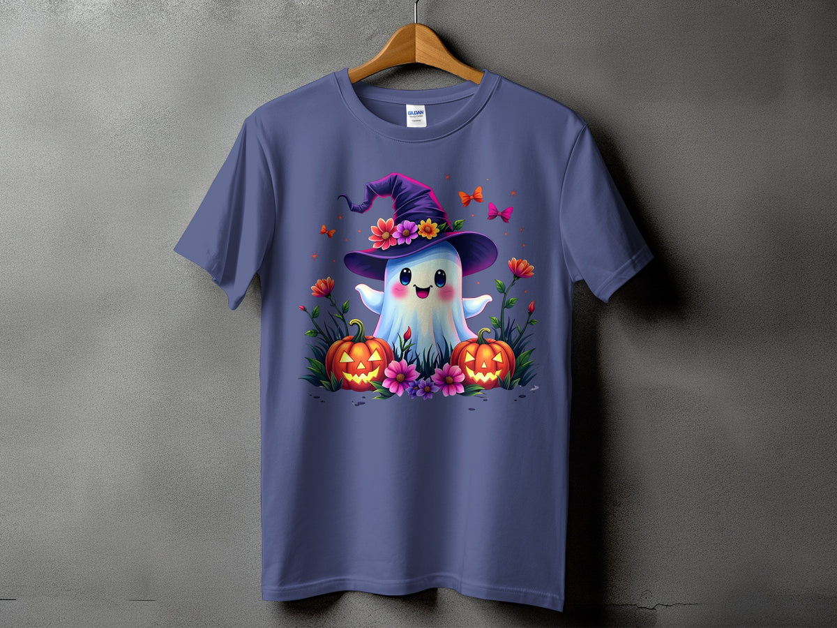 Purple t-shirt with a cute ghost wearing a witch hat surrounded by pumpkins and flowers.
