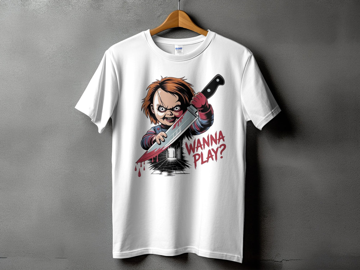 White t-shirt with Chucky holding a knife and text "WANNA PLAY?".