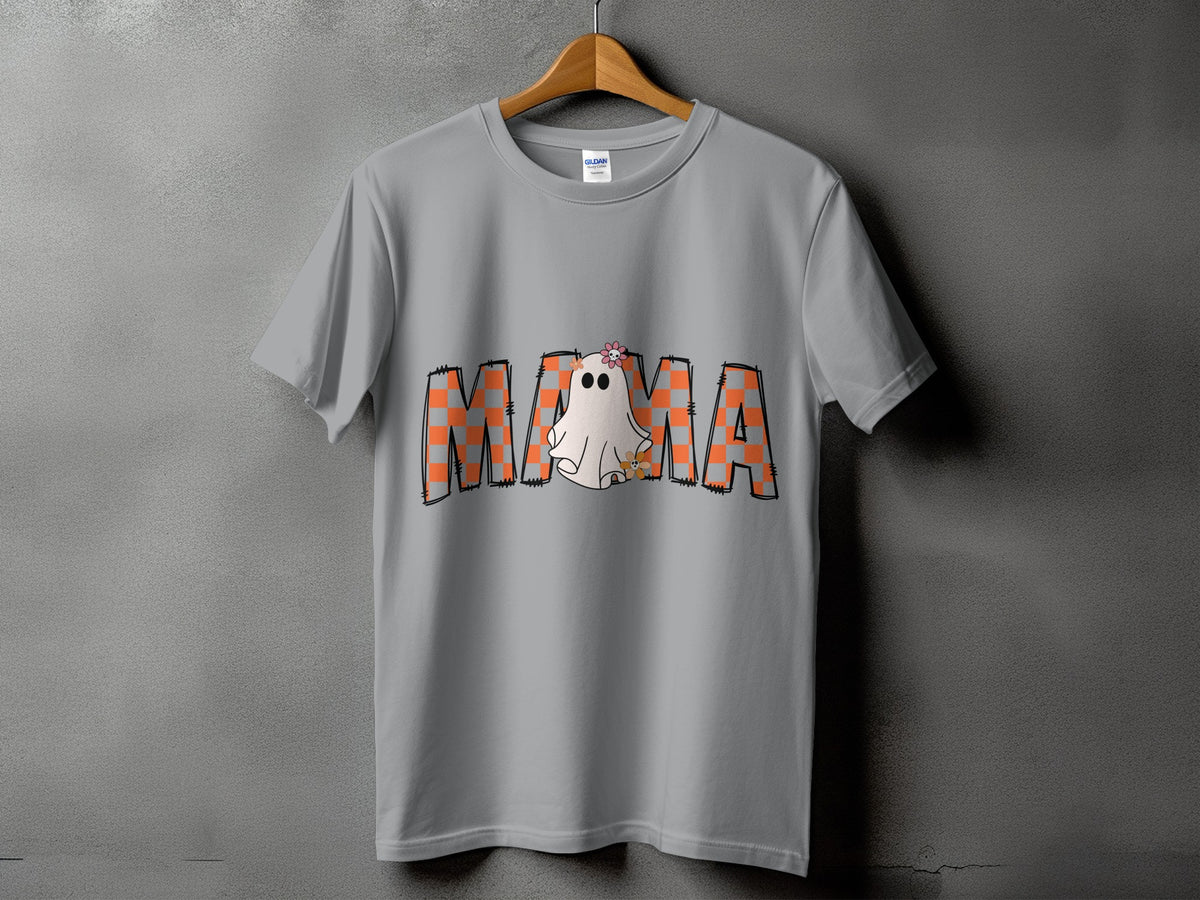 Gray t-shirt with "MAMA" text and a cute ghost design for Halloween.