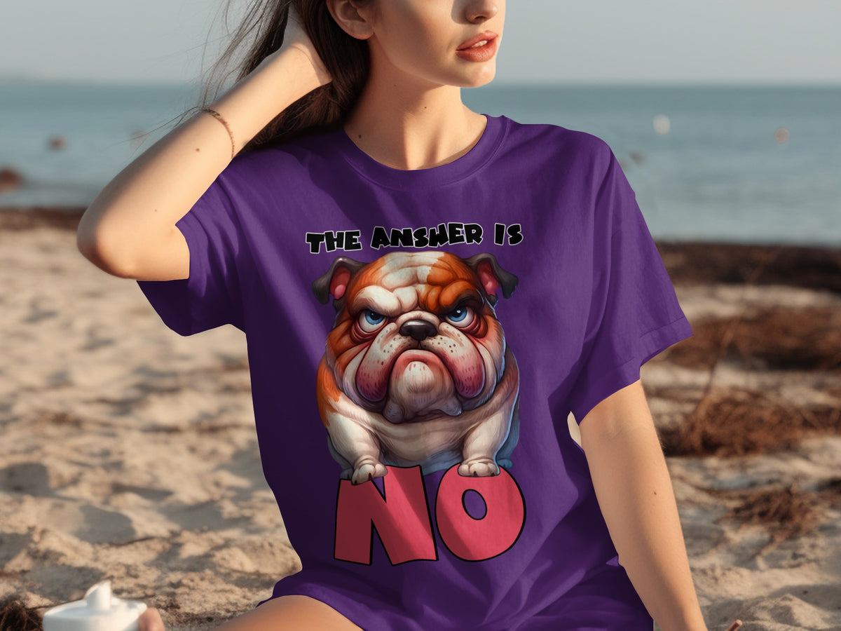 The Answer Is No Bulldog Graphic Purple Shirt
