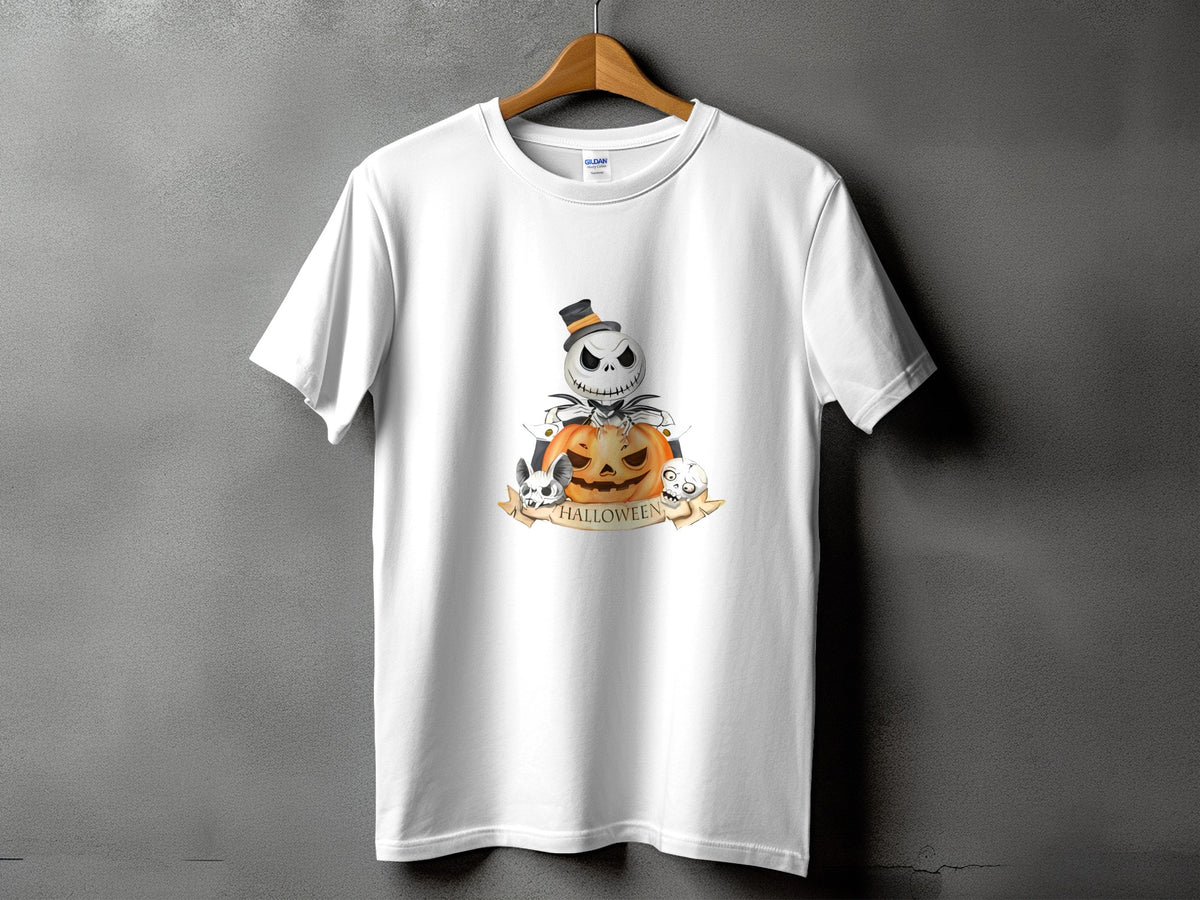 White t-shirt with Halloween graphic of Jack Skellington, pumpkin, and skulls.
