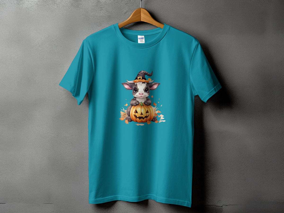 Teal t-shirt with a Halloween graphic of a cow on a pumpkin.