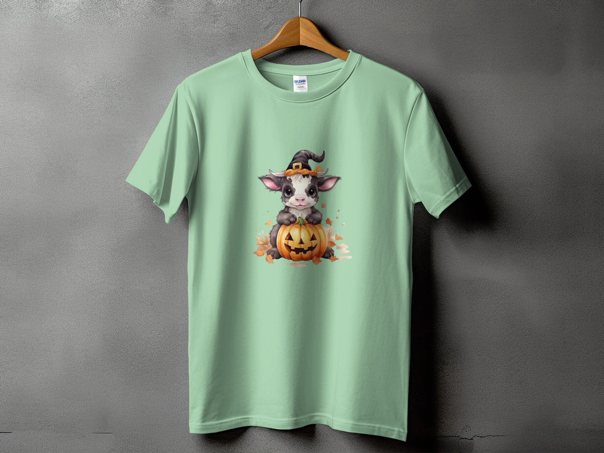 Light green t-shirt with a cartoon cow wearing a witch hat and sitting on a pumpkin.