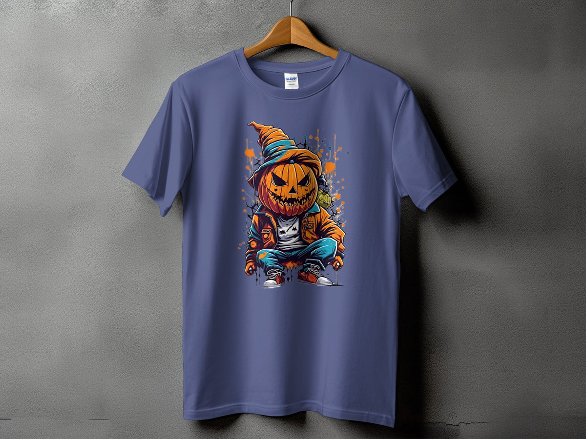 T-shirt featuring a squatting cartoon pumpkin character with a jack-o'-lantern face and Halloween hat.