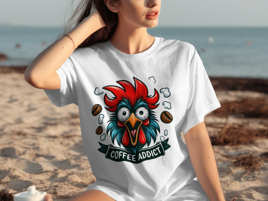 Funny Coffee Addict Rooster Graphic T-Shirt