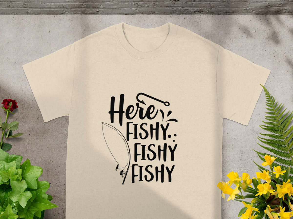 Here Fishy Fishy Fishy Fishing Rod Design T-Shirt