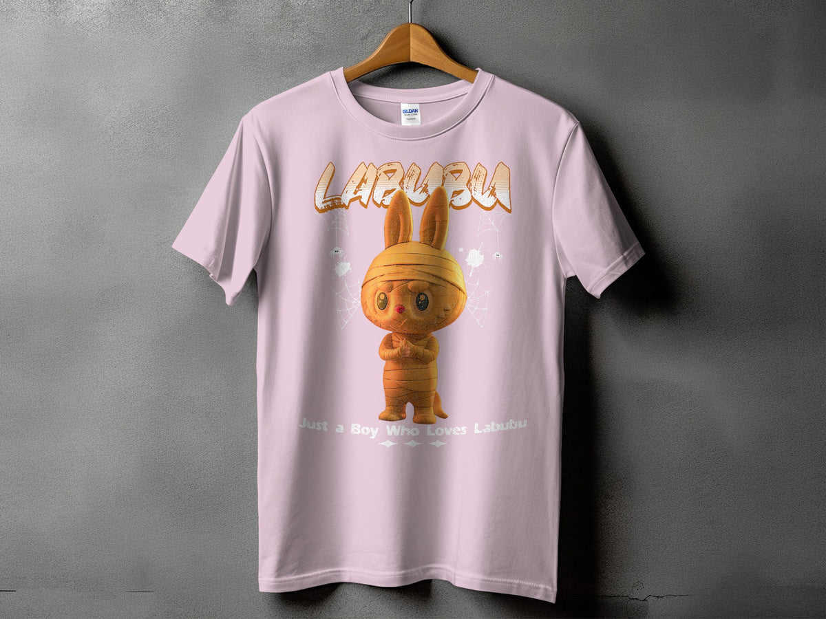 Pink t-shirt with Labubu mummy graphic and text "Just a Boy Who Loves Labubu".