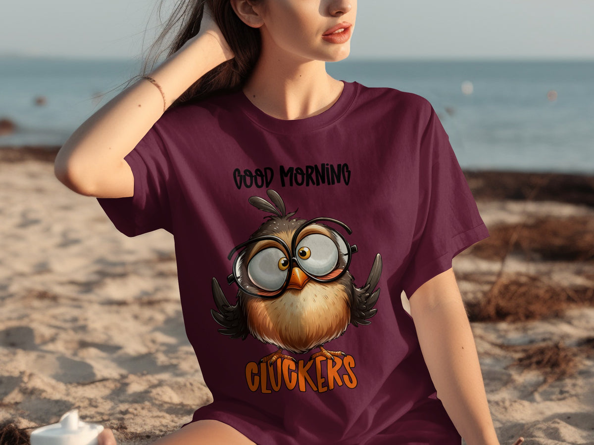 Good Morning Cluckers T-Shirt with Owl Graphic