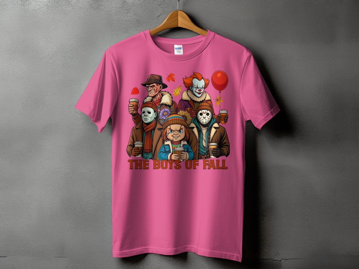 Pink t-shirt with horror characters and "The Boys of Fall" text.