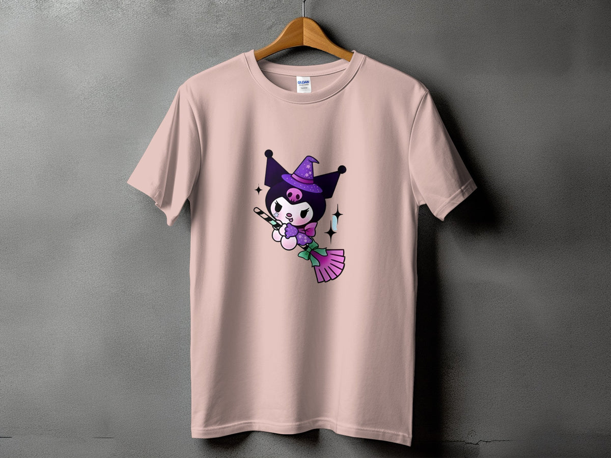 Pink t-shirt with Kuromi character wearing a witch hat and holding a broomstick.