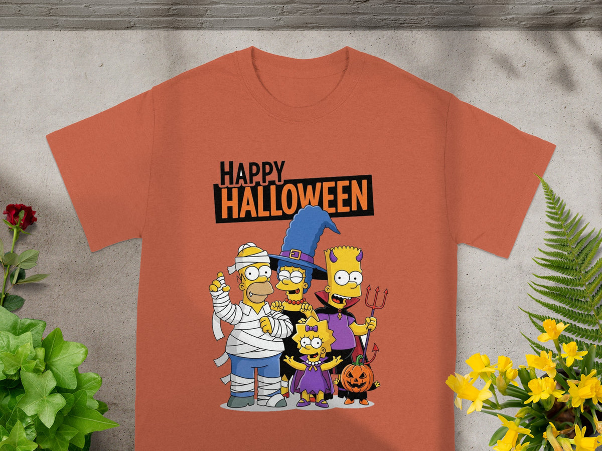 The Simpsons characters in Halloween costumes with "Happy Halloween" text.