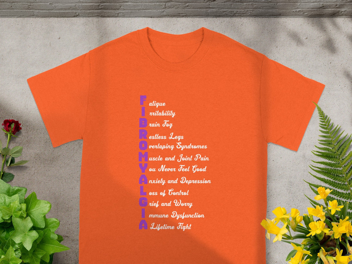 Fibromyalgia Symptoms Design on Orange T-Shirt