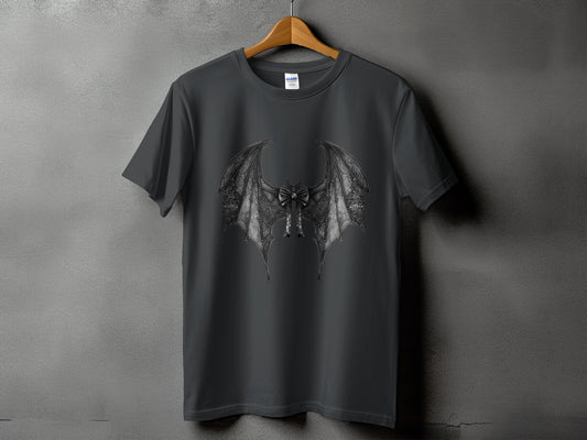 Dark grey t-shirt with gothic bat wing design and bow detail.