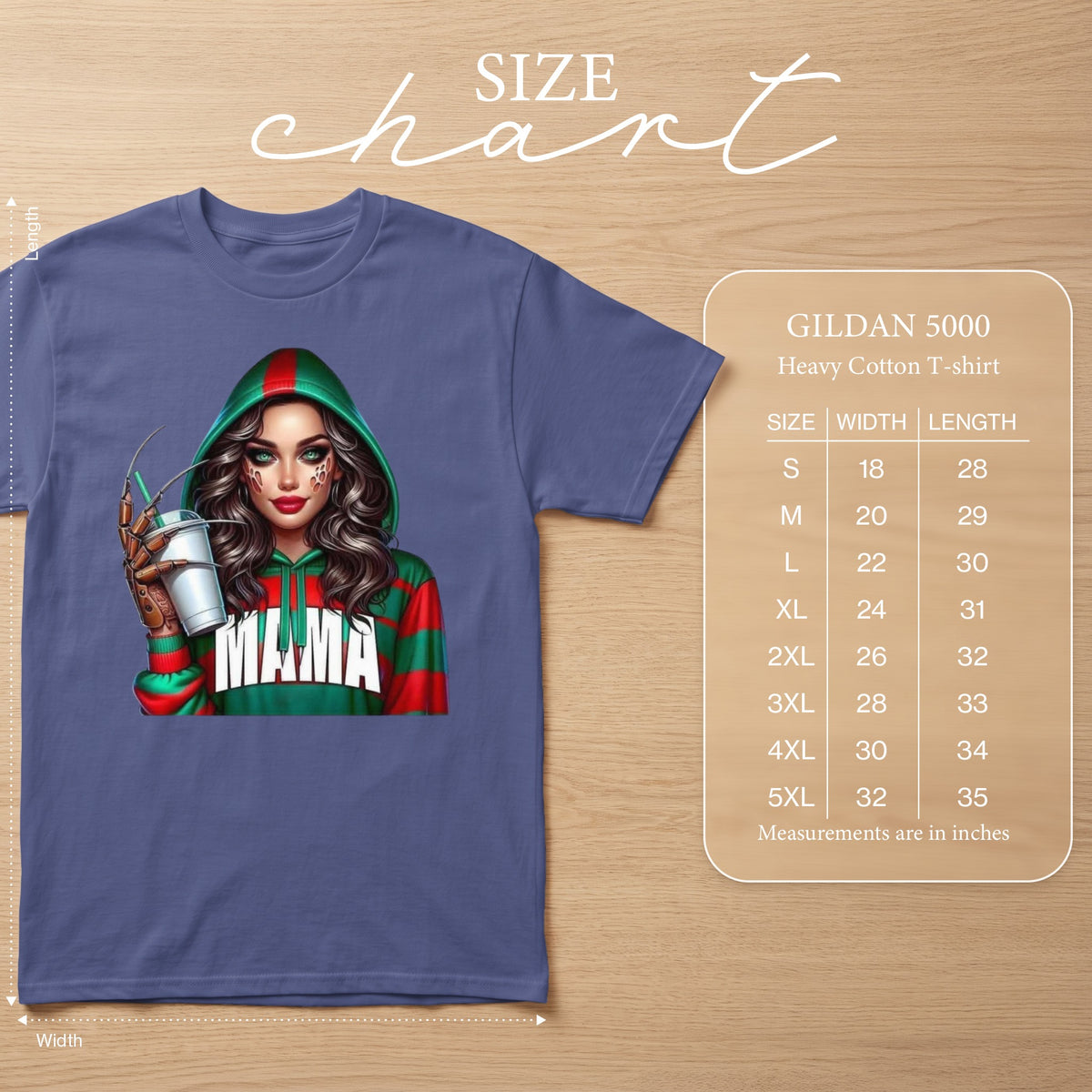 Gildan 5000 size chart with "Mama" graphic t-shirt.