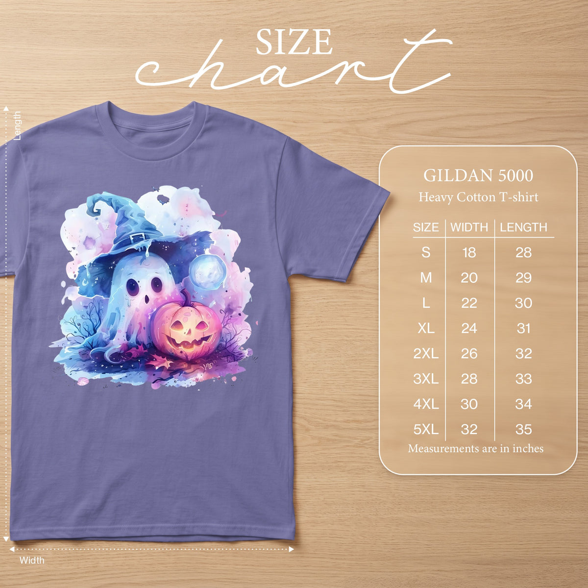 Purple Gildan 5000 heavy cotton t-shirt with watercolor ghost and pumpkin graphic.
