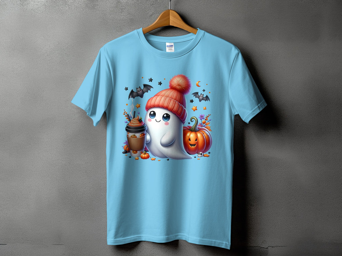 Light blue t-shirt with ghost, coffee, and pumpkins Halloween graphic.