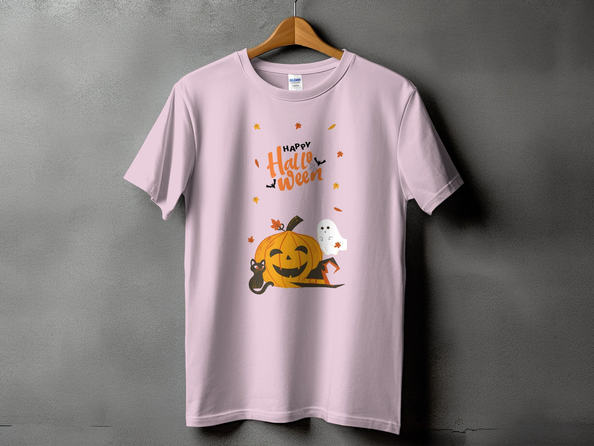 Pink t-shirt with "Happy Halloween" text and pumpkin, cat, ghost, and hat graphics.