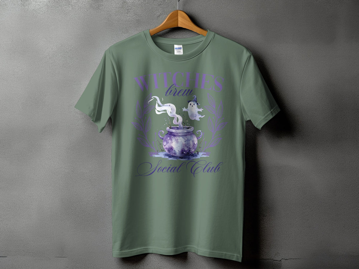 Green t-shirt with "Witches Brew Social Club" text and Halloween graphics.