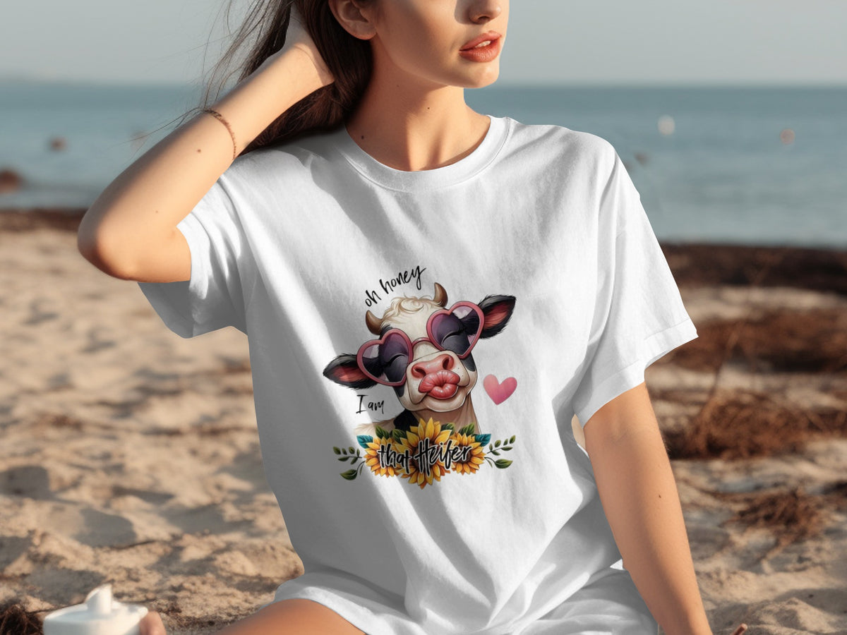 Funny Cow With Sunglasses and Flowers Graphic T-shirt