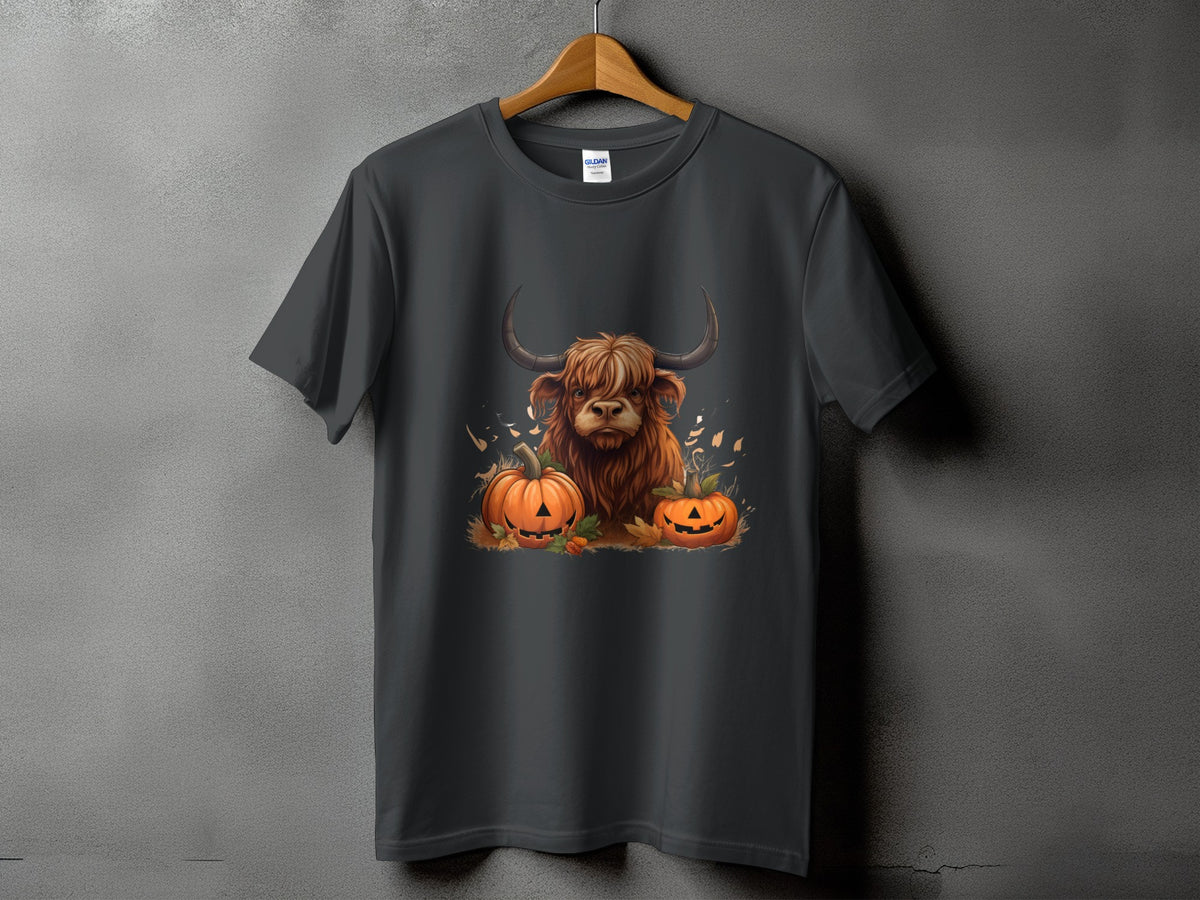 Dark gray t-shirt featuring a Highland cow with pumpkins and fall leaves graphic.