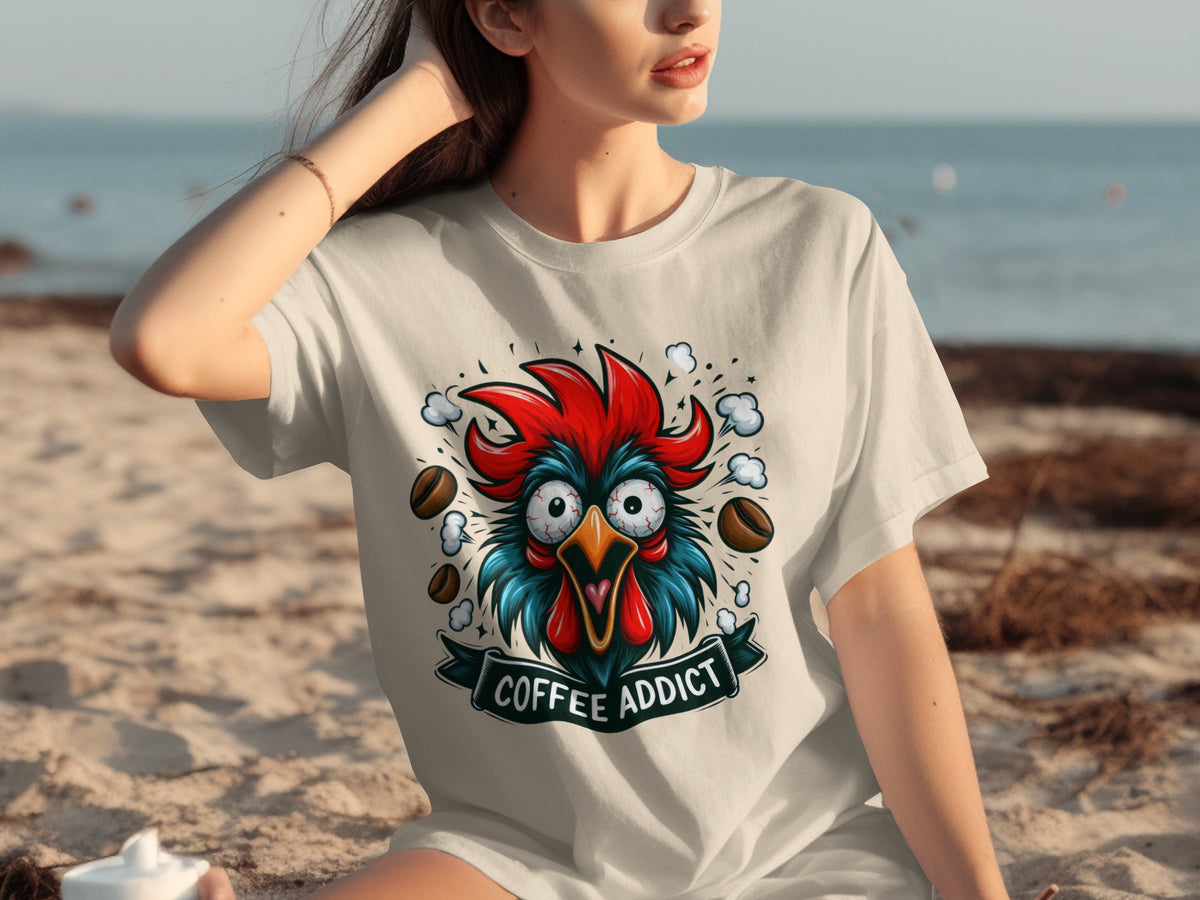 Funny Coffee Addict Rooster T-Shirt for Coffee Lovers