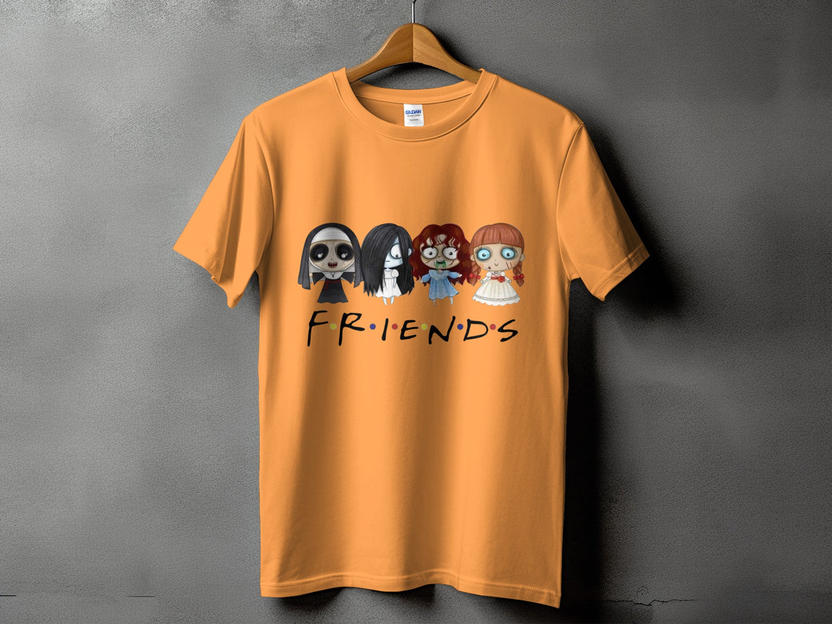 Orange t-shirt with cartoon horror characters and "FRIENDS" text.