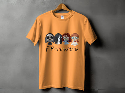 Orange t-shirt with cartoon horror characters and "FRIENDS" text.