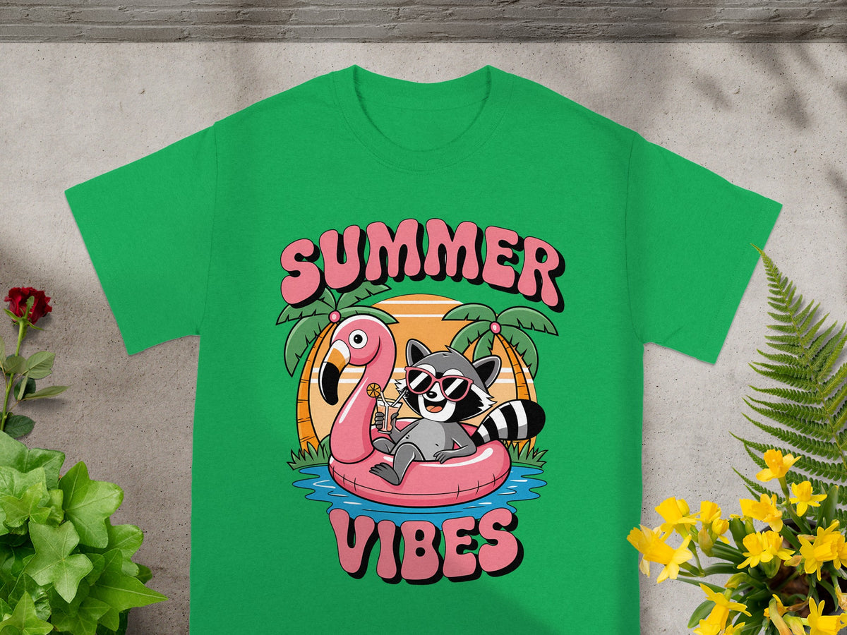 Green t-shirt with "Summer Vibes" and a raccoon on a flamingo float.
