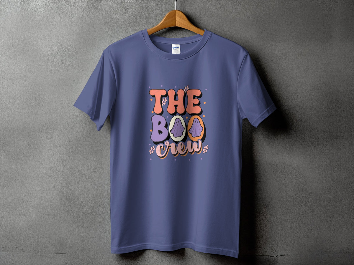Purple t-shirt with "The Boo Crew" text and ghost graphics.