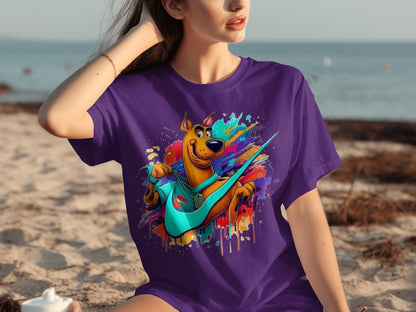 Colorful Surfing Dog Graphic T-Shirt for Beach Fun