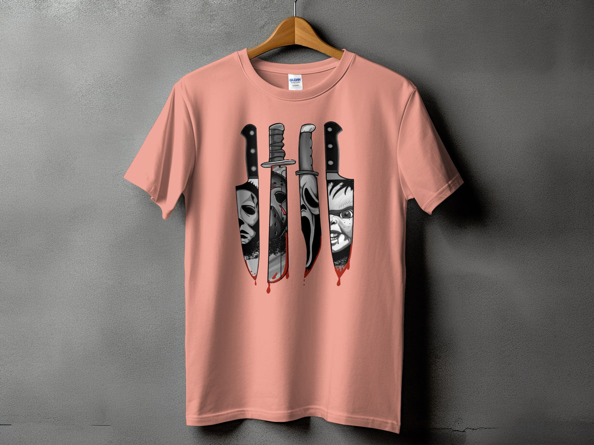Peach t-shirt with four horror movie character knives dripping blood.