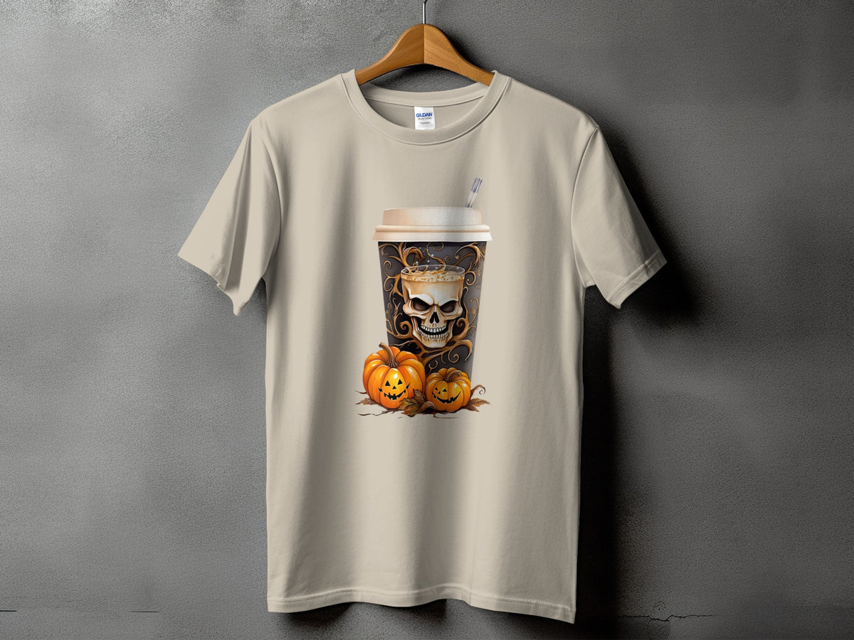 T-shirt with a Halloween graphic of a coffee cup with a skull and pumpkins.