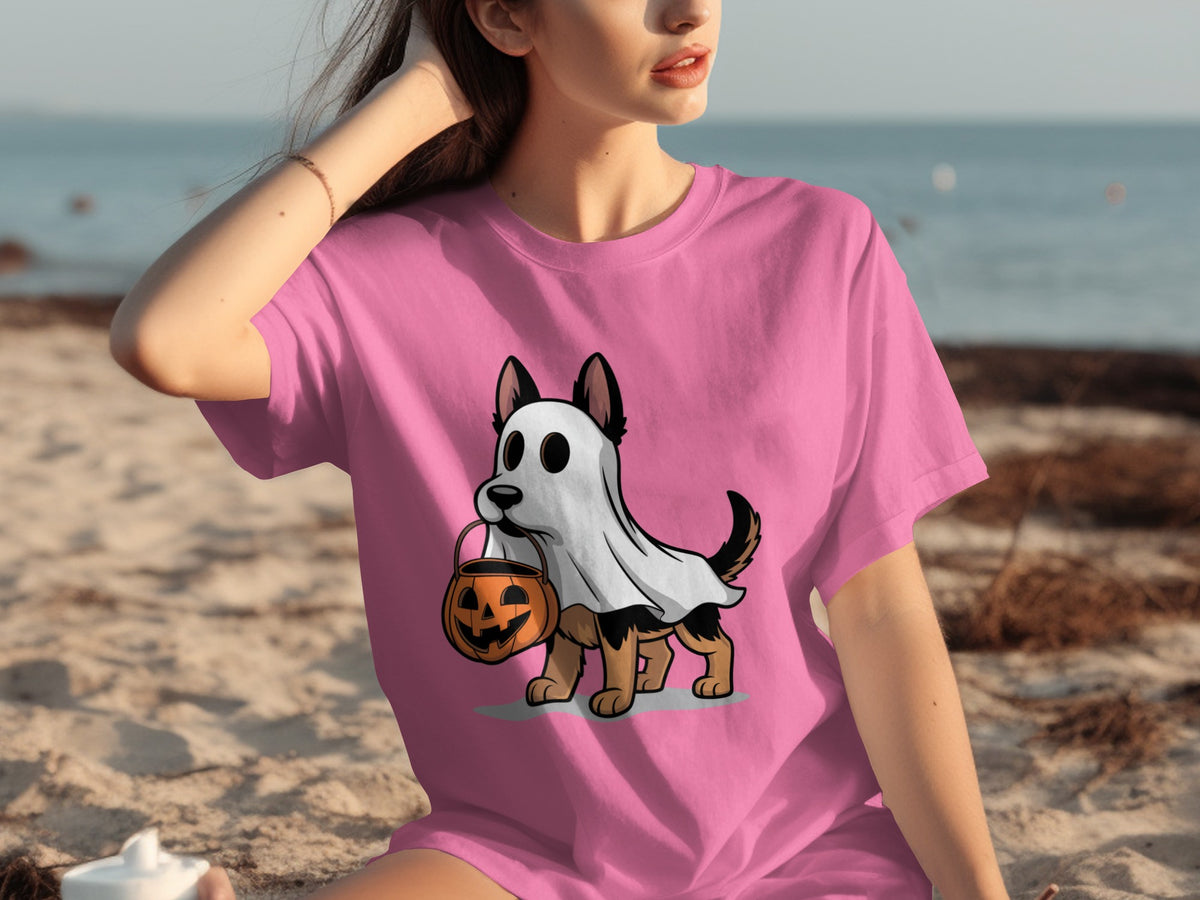 Adorable Puppy Ghost with Pumpkin on Pink T-Shirt